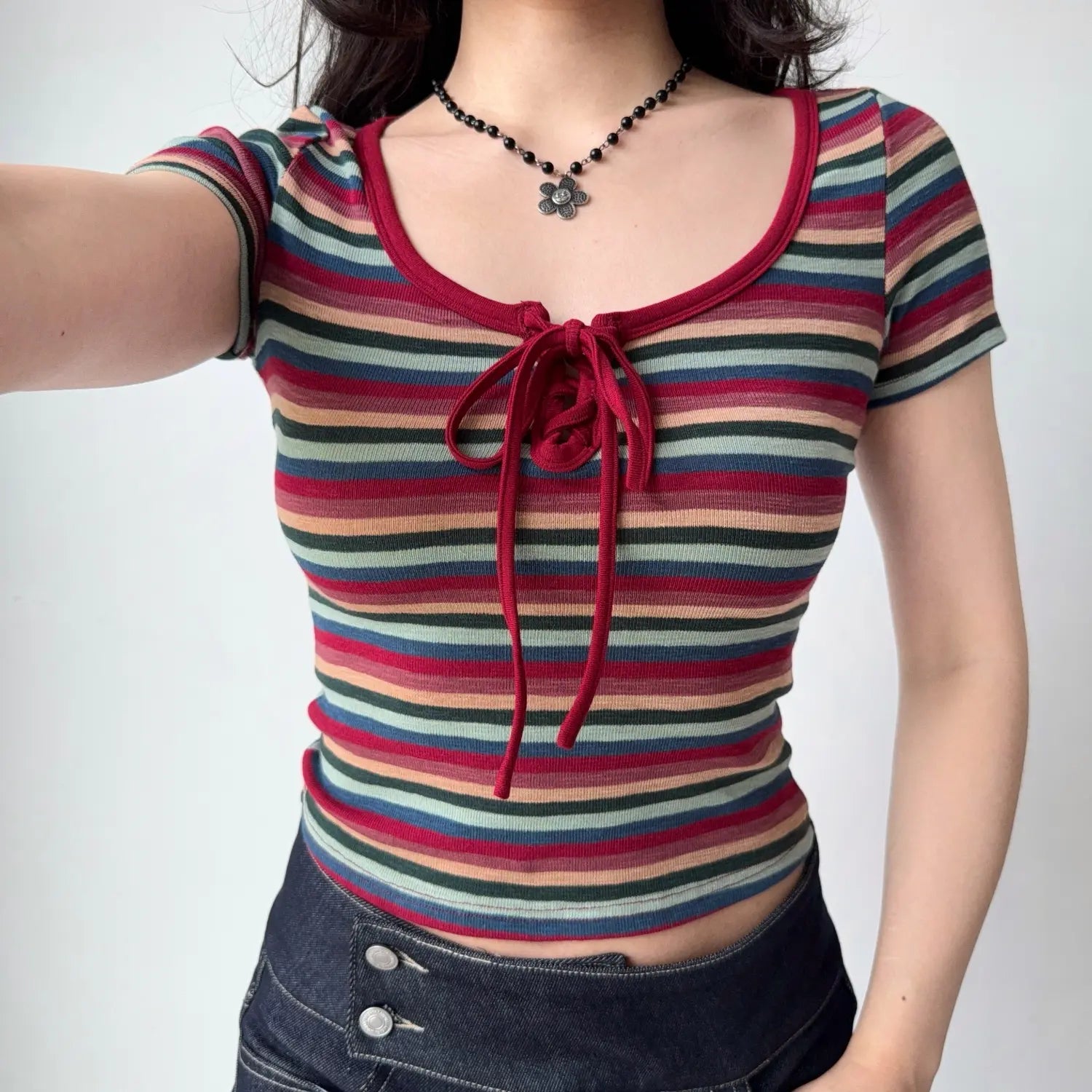 Vintage colorful stripe ribbed crop tee, red lace up square neck short sleeve slim fitted women y2k casual top