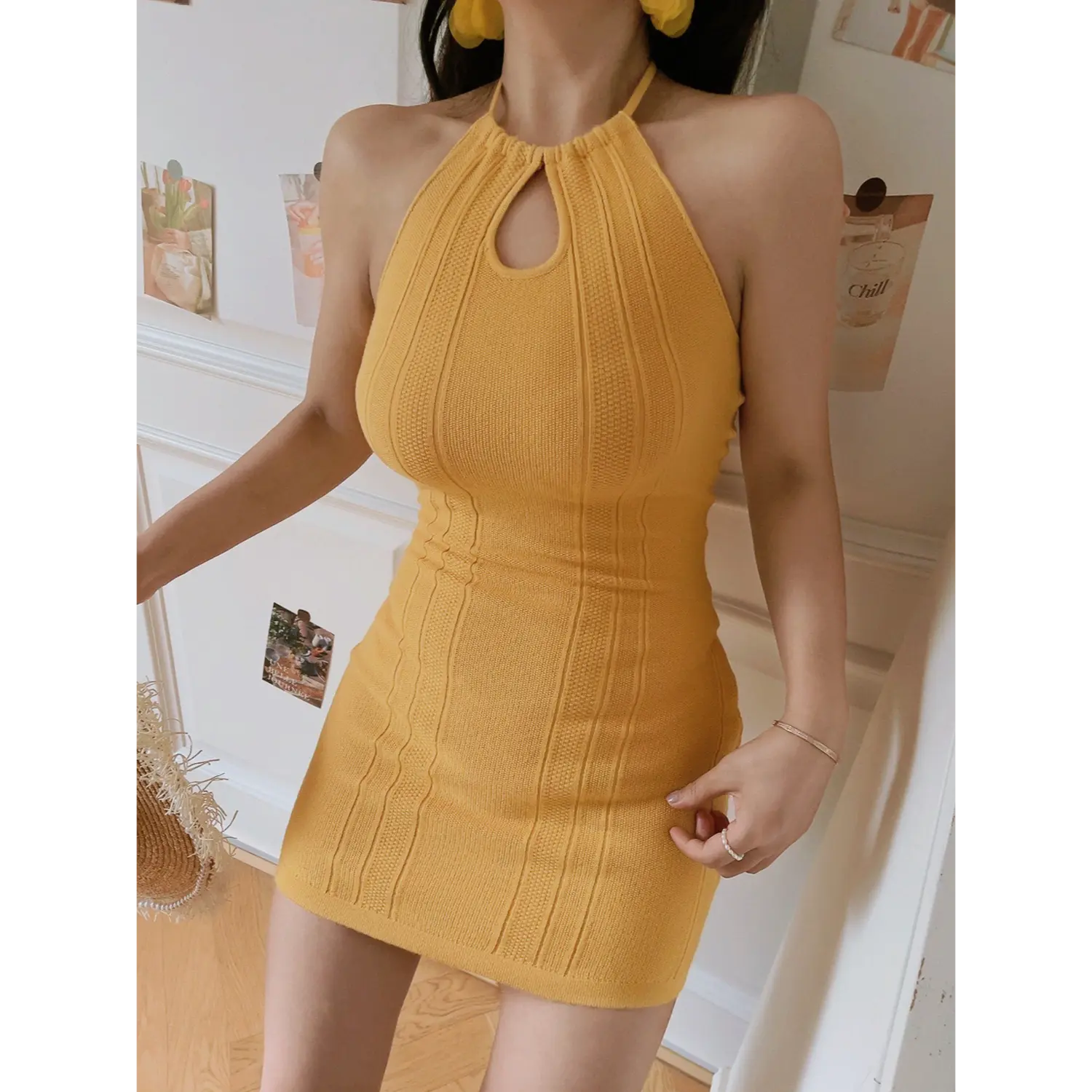 Vintage mustard yellow ribbed halter mini dress side front full view, high stretch bodycon drape knit minimalist korean home casual hot girl outfit
