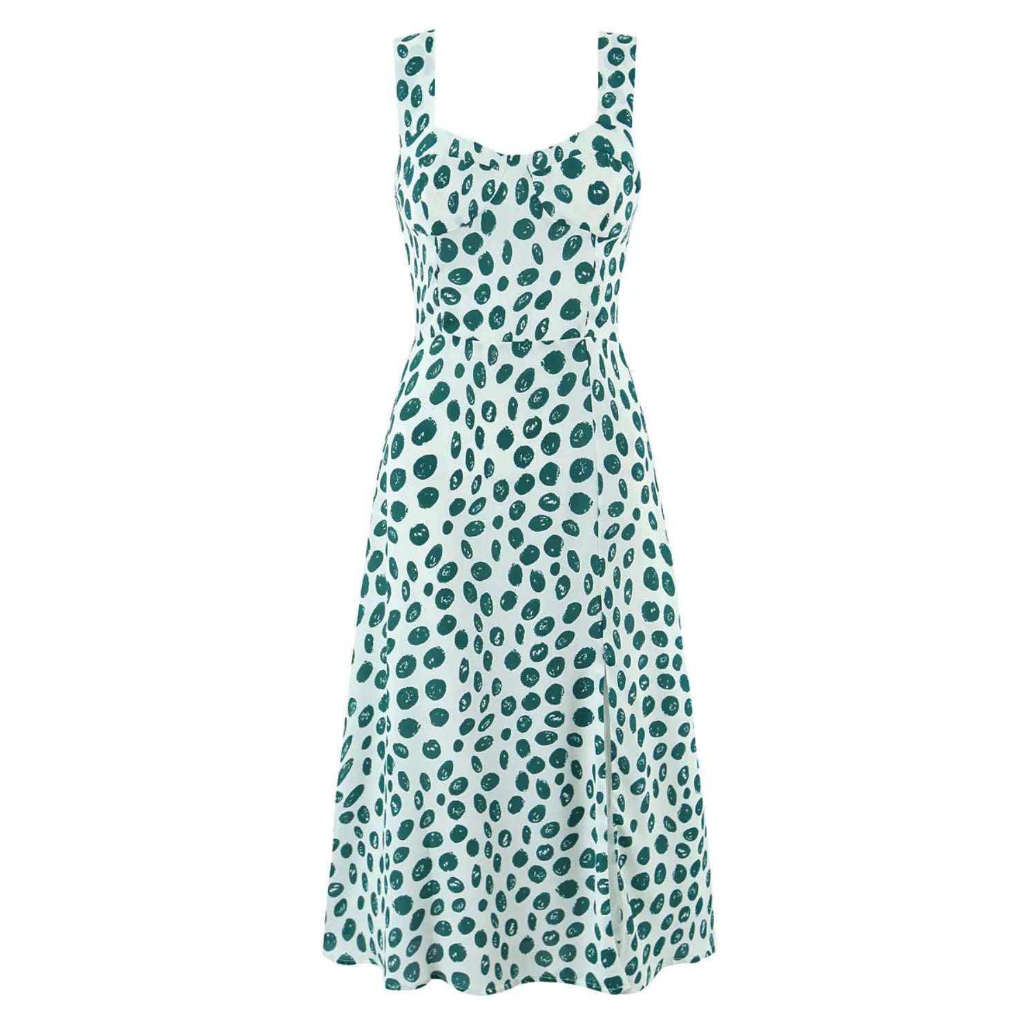 Front full flat lay summer midi slip dress, off-white base uneven hand-painted green dot print, sweetheart square neck, structured bust, wide matching print shoulder straps, flowy A-line skirt with side thigh slit, full smooth white lining