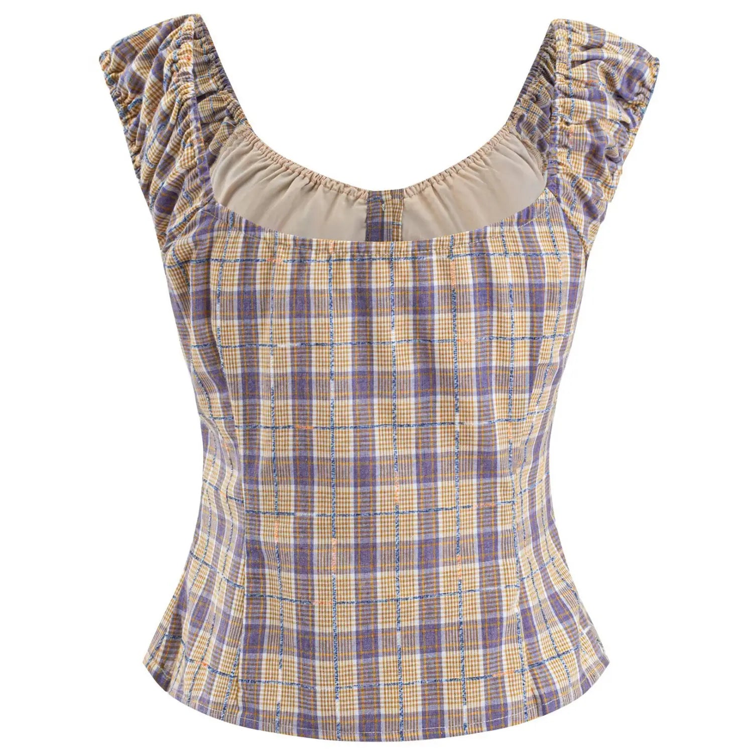 Women purple yellow plaid woven cami crop top full front flat lay, u-neck drawstring tie half button ruffle cap sleeve white background shot