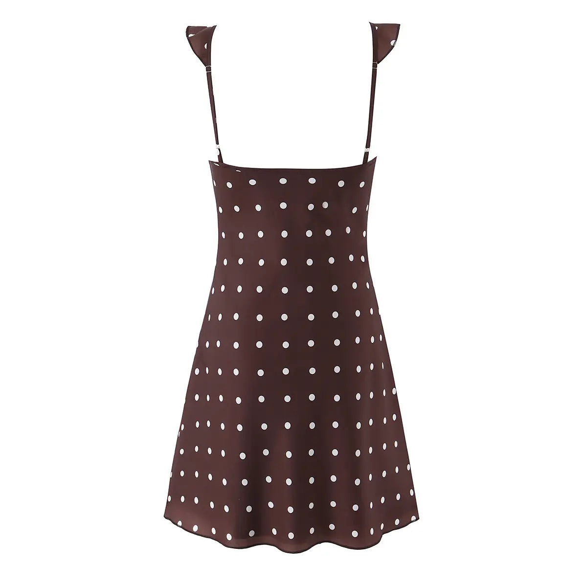 Full back view of brown polka dot mini dress, showing straight back neckline and adjustable ruffled straps