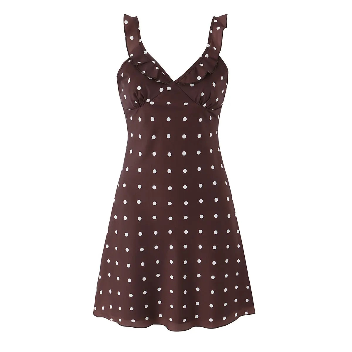 Full front view of vintage brown polka dot mini dress with ruffled straps, featuring V-neck and flowy silhouette.