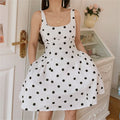 Vintage white black polka dot square neck cami mini dress side front relaxed full view, loose a-line drape skirt minimalist korean indoor casual outfit