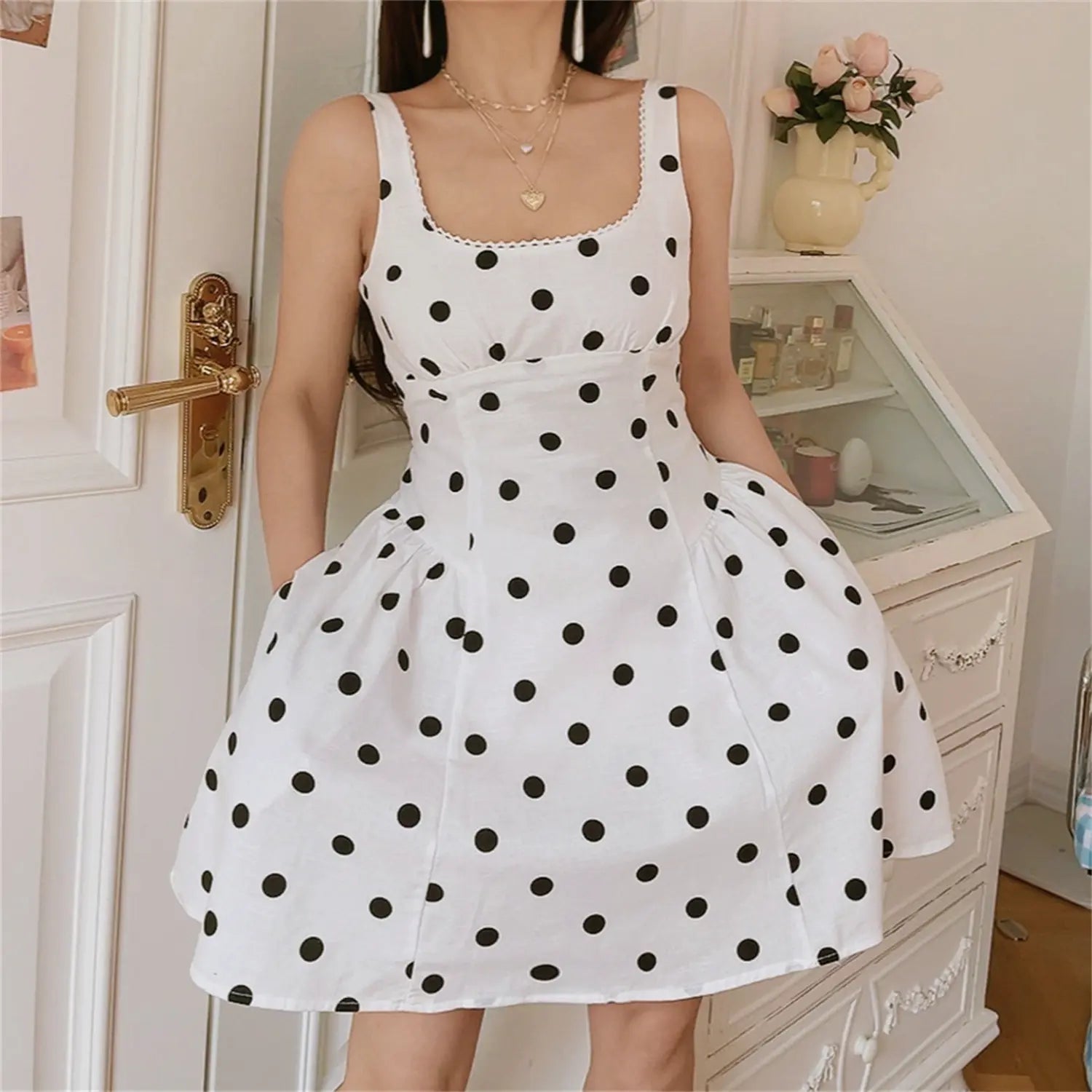 Vintage white black polka dot square neck cami mini dress side front relaxed full view, loose a-line drape skirt minimalist korean indoor casual outfit