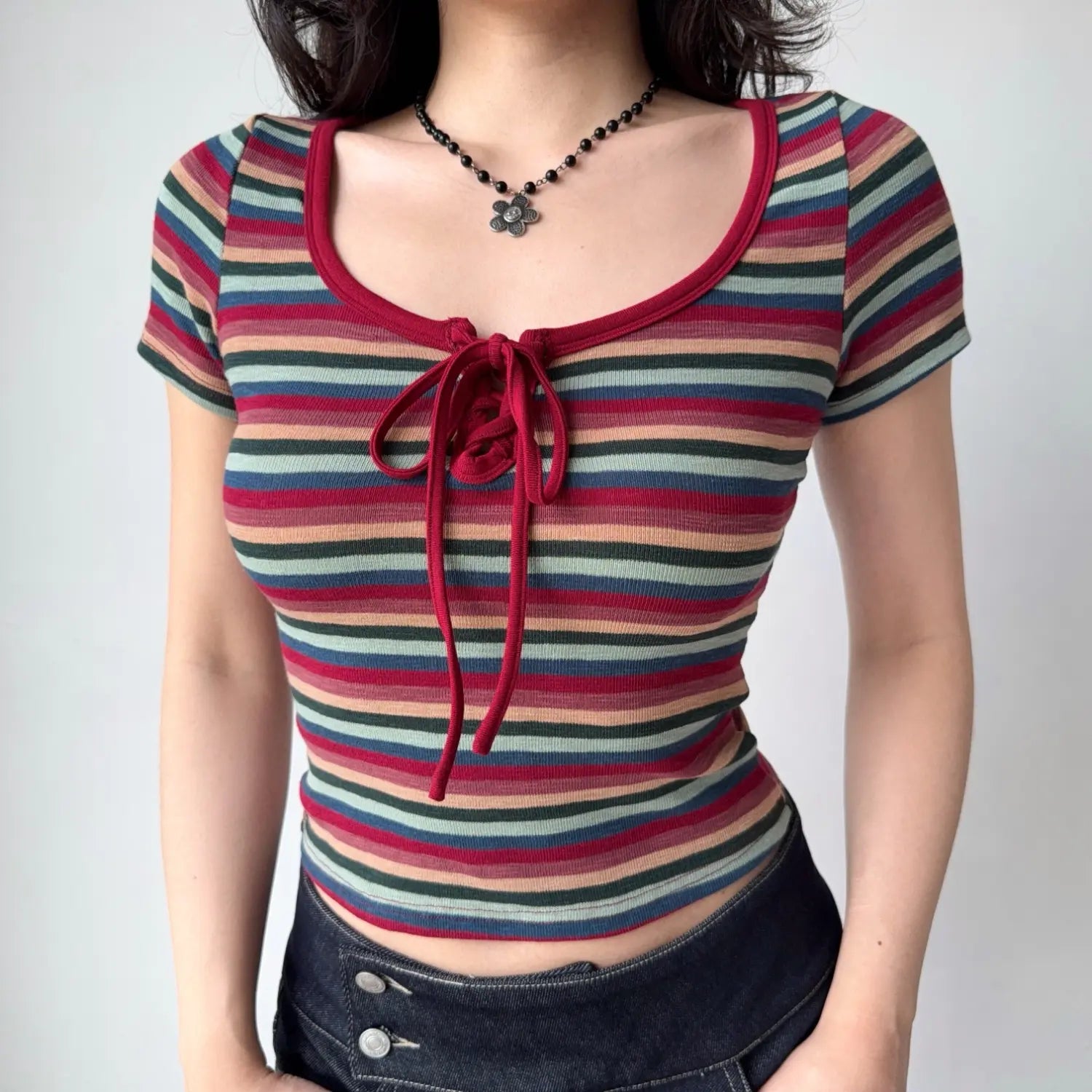 Full front view retro multi stripe ribbed crop t shirt, red lace-up bust square neck slim stretch casual women top