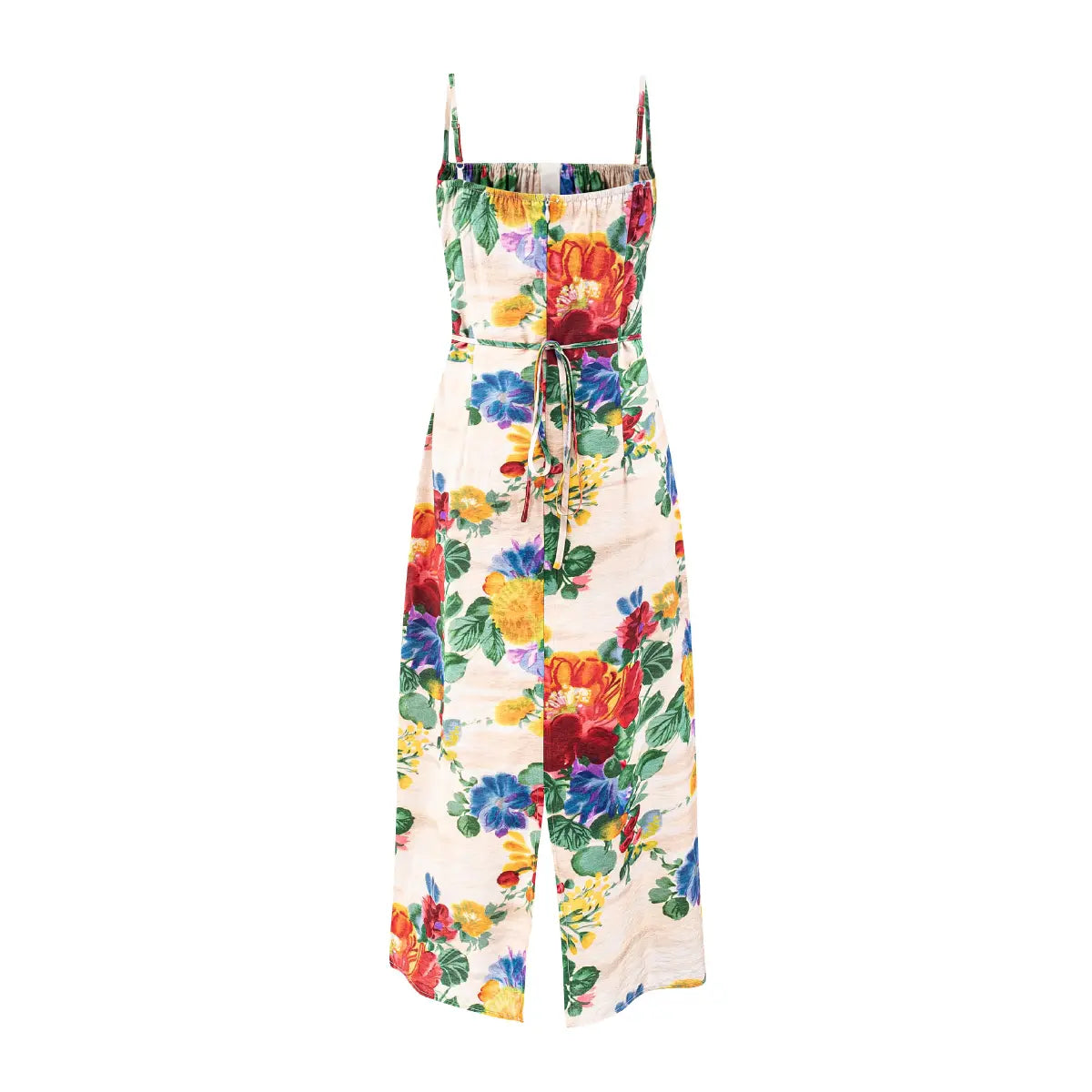 Back view of vintage watercolor floral print spaghetti strap maxi dress with waist drawstring and back split.