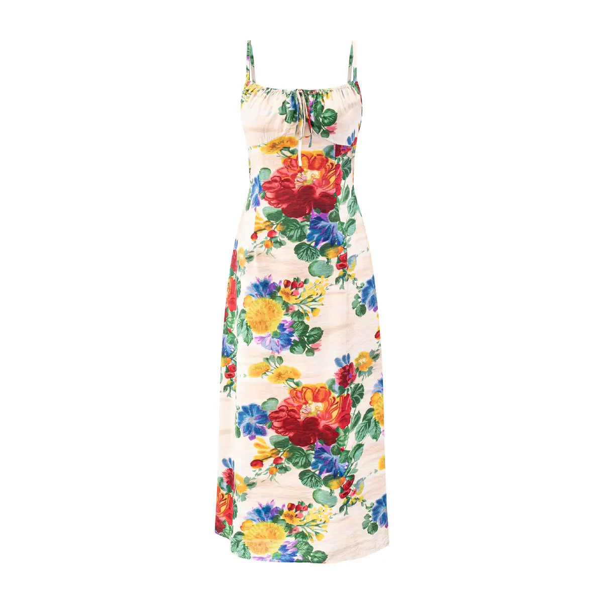 Full front view of vintage watercolor big flower print maxi slip dress, front tie detail, fitted waist and straight skirt.