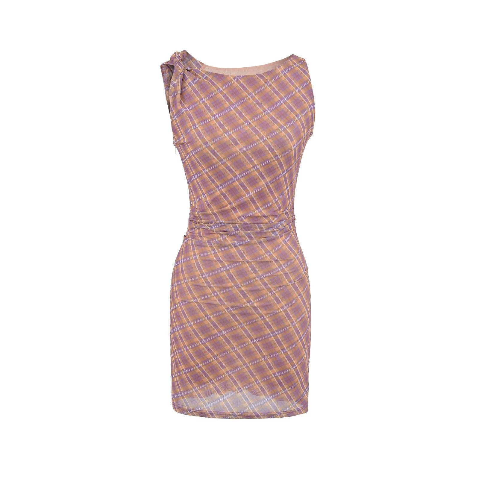 Women's purple and brown plaid bow shoulder sleeveless bodycon mini dress by dingdingding on white background.