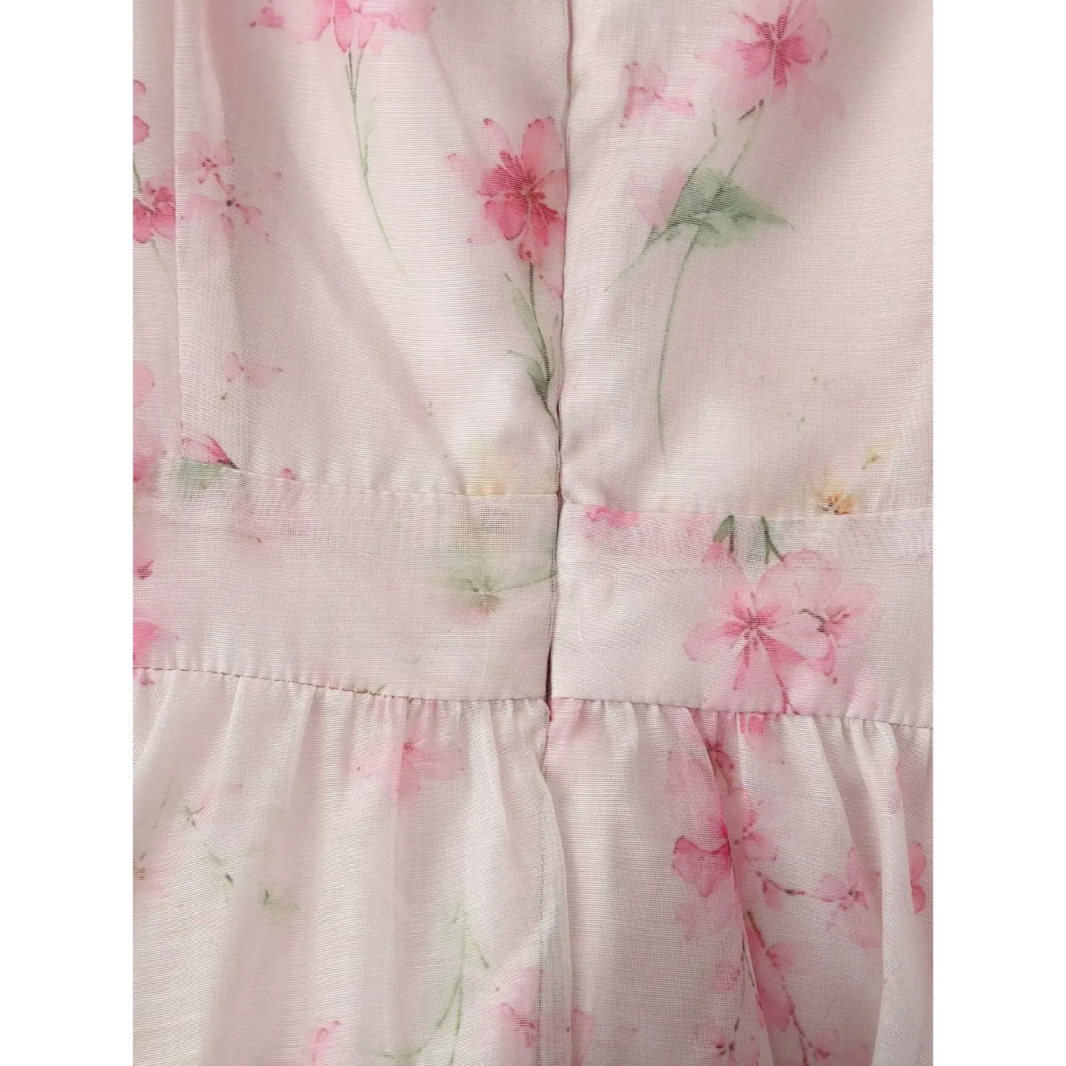 Waist gathering & tier skirt seam close-up, elasticated waistband, double layer ruffle chiffon construction