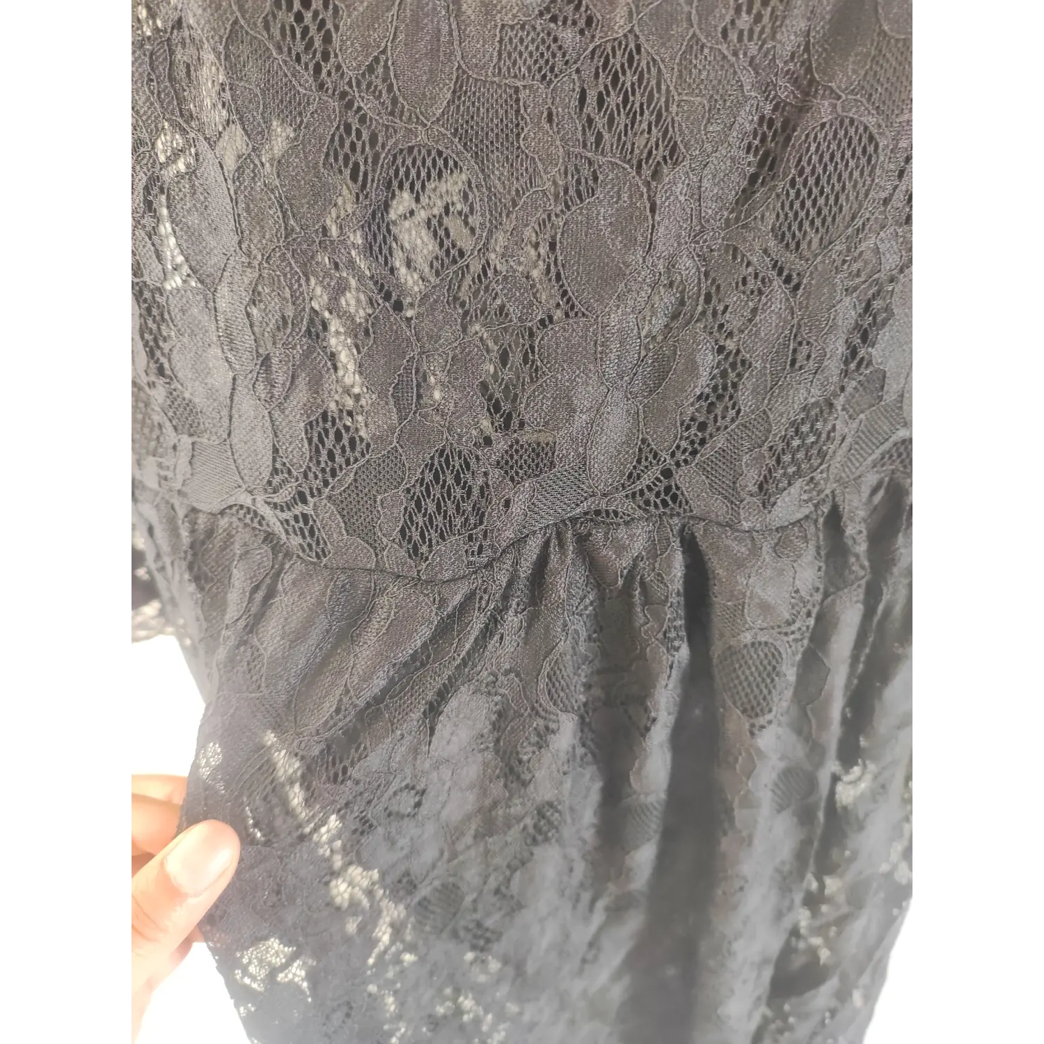 High waist gathered stitching detail, allover black floral lace maxi dress | Detail
