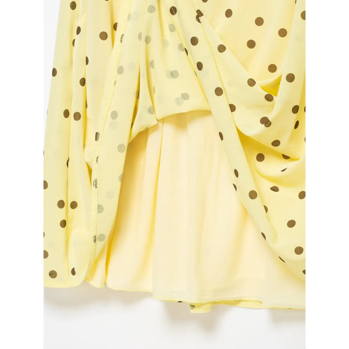 Side waist ruched gathering seam detail brown dot yellow chiffon fabric