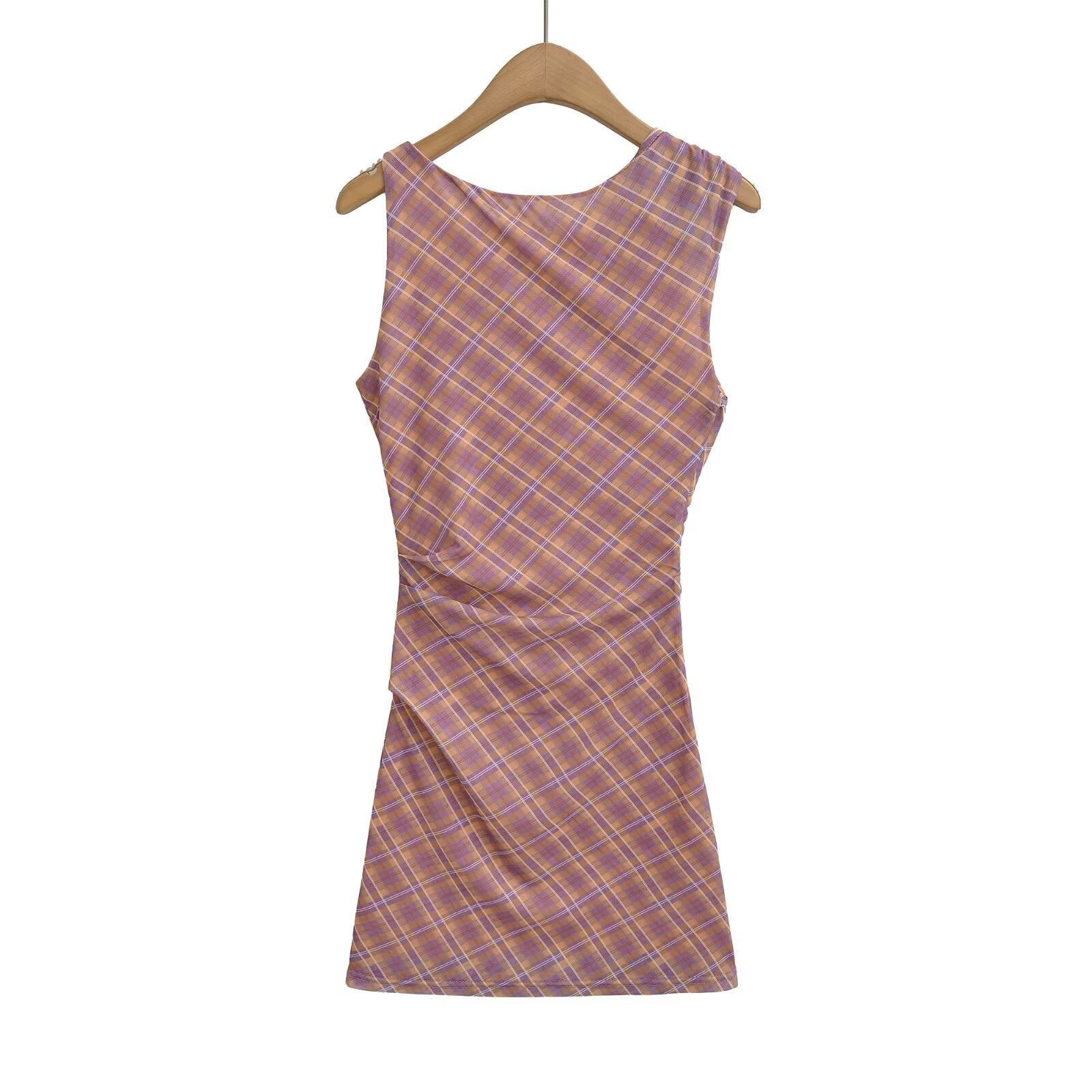 Women's purple and brown plaid bow shoulder waist ruched sleeveless bodycon mini dress hanging on a hanger, back view.