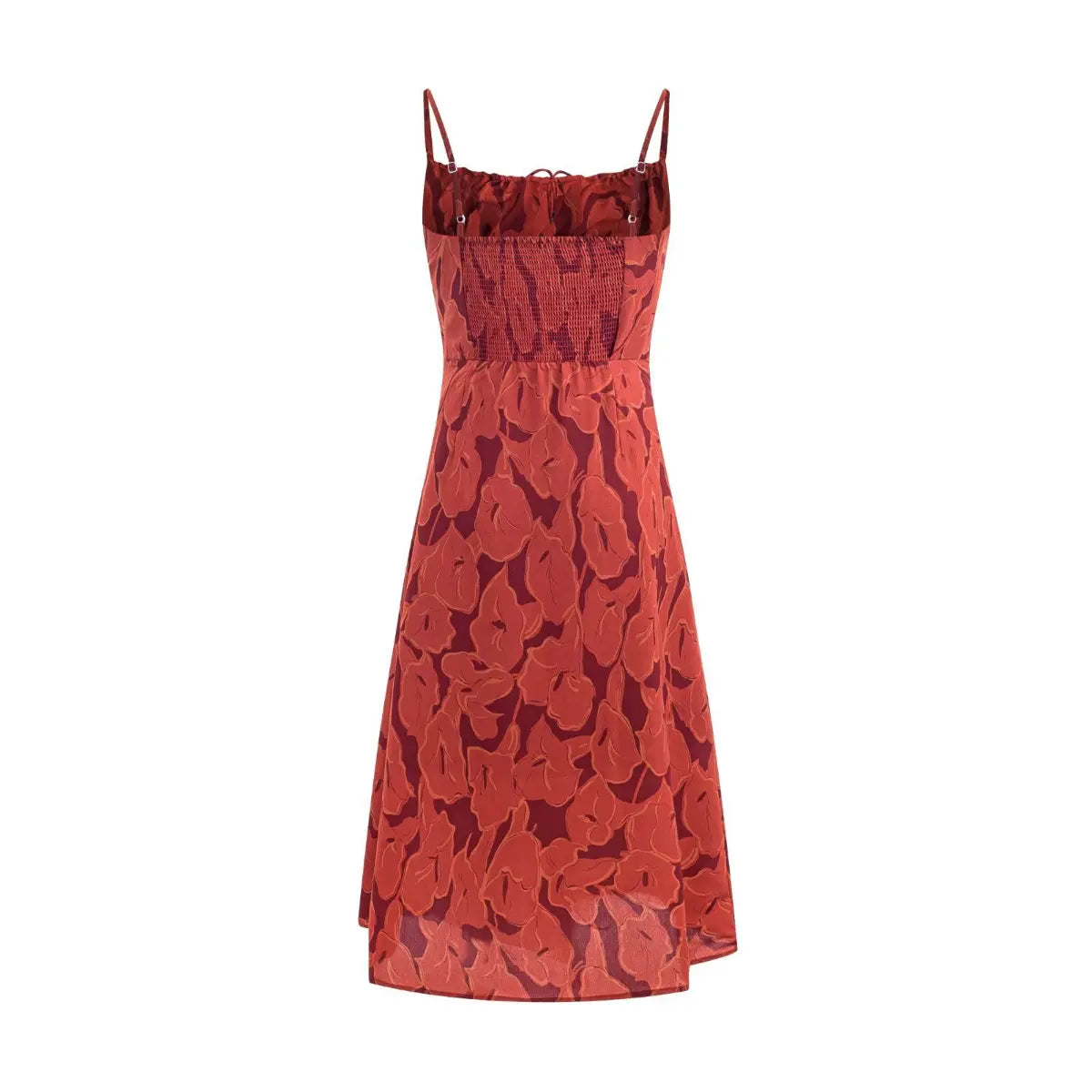 Seated lifestyle shot of rust red printed cami midi dress, display soft fabric drape and relaxed vintage vacation style.