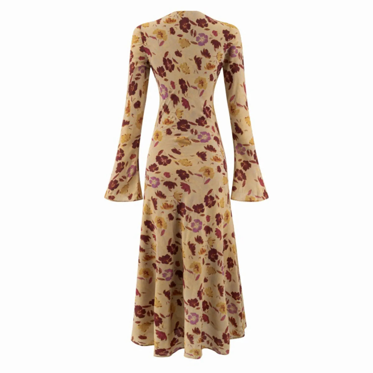 Back flat lay of watercolor floral bell sleeve midi dress