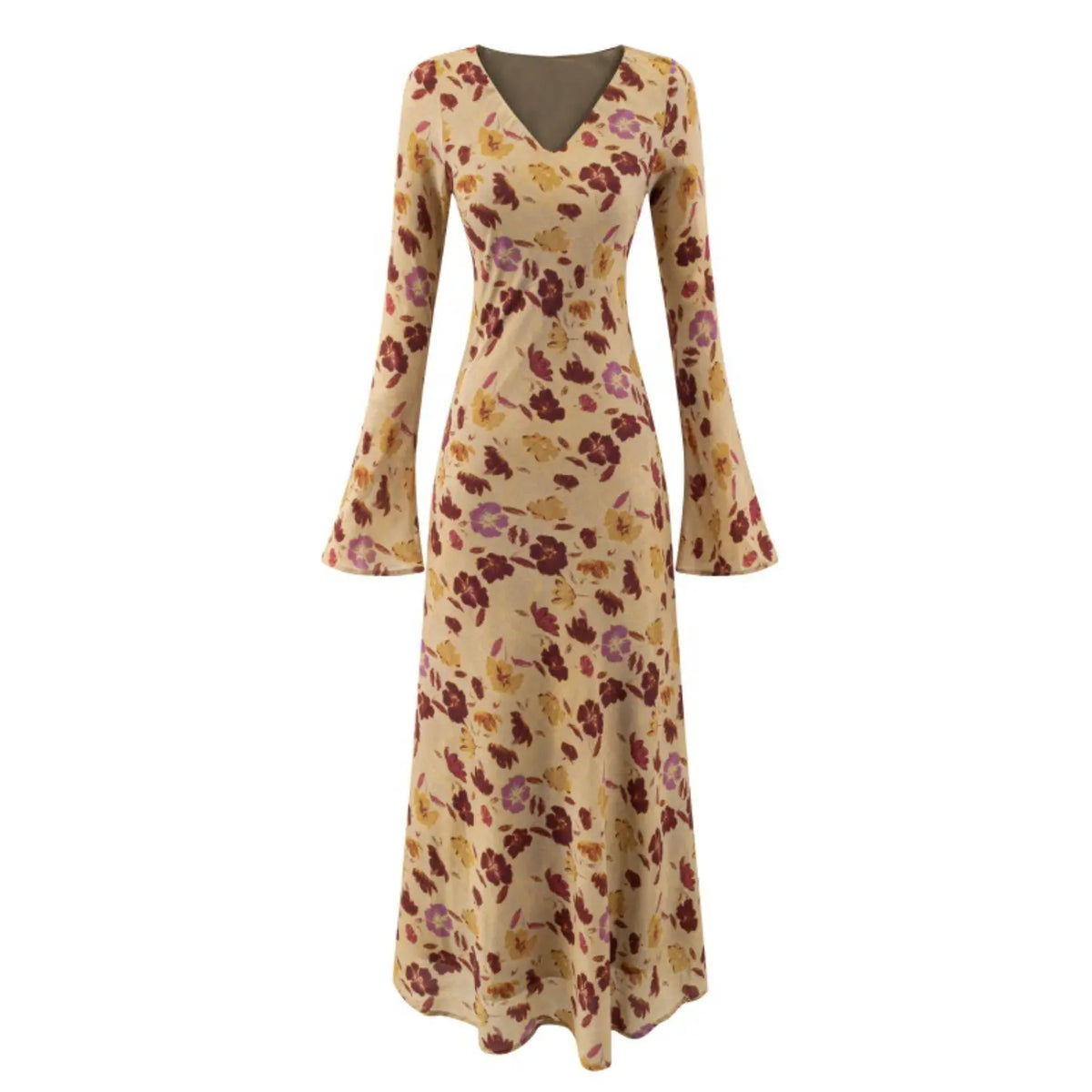 Front flat lay of watercolor floral bell sleeve midi dress