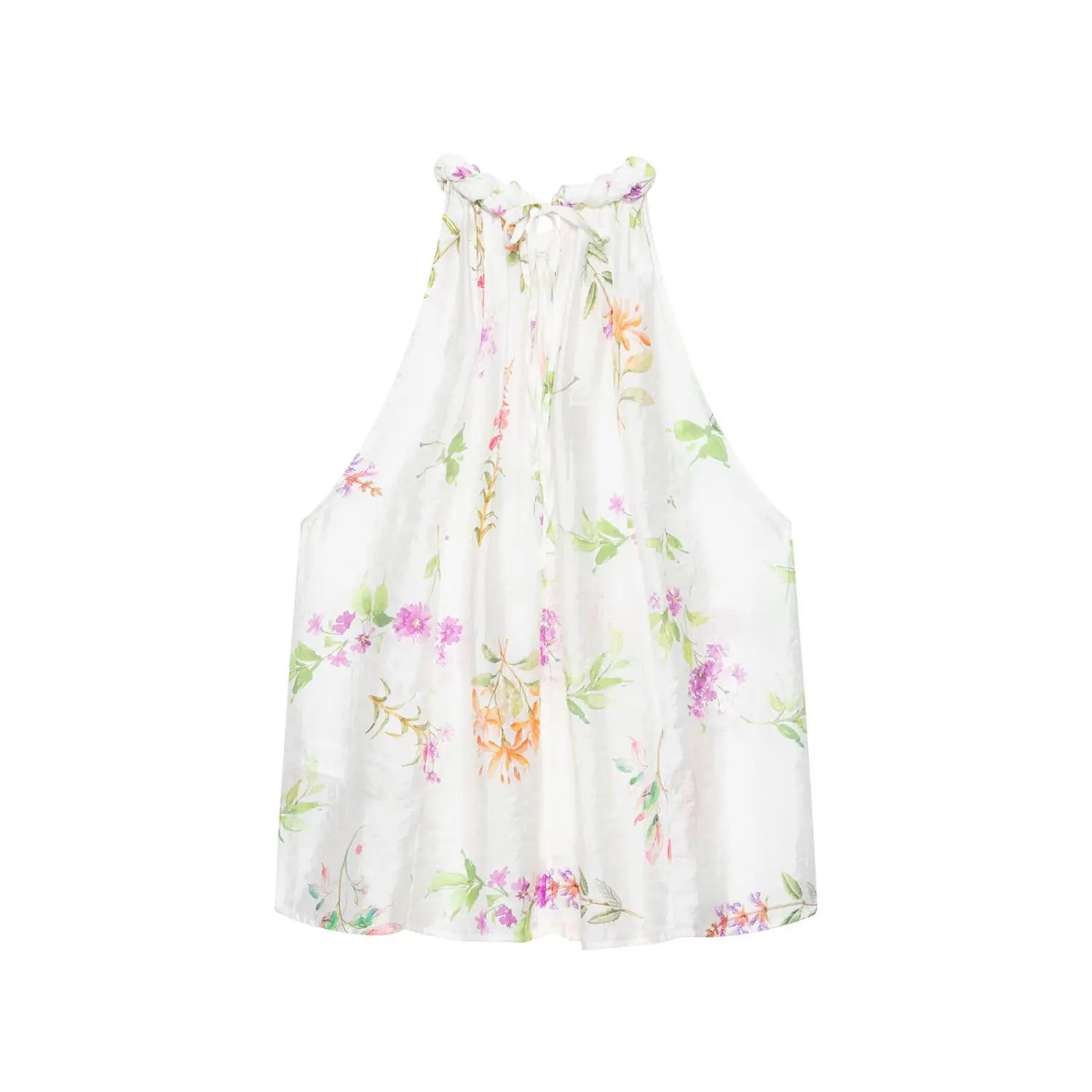 Complete back white background flat lay, adjustable rear tie halter neck, gathered loose back bodice, flowy wide swing hem with watercolor floral print