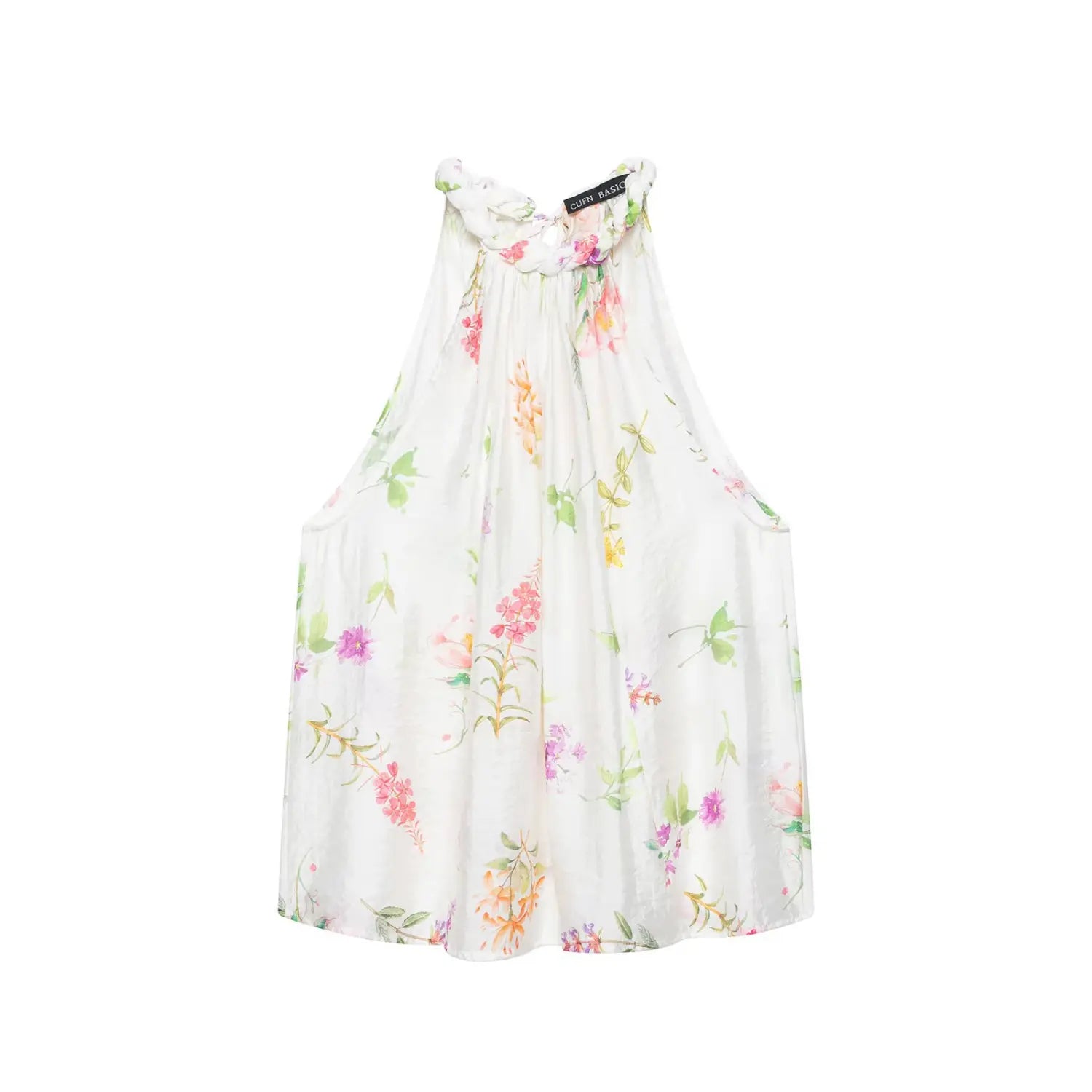 Full front white background product shot, braided twisted halter neck with back tie, gathered bust, wide armholes, loose swing A-line hem, all-over multicolor watercolor botanical print