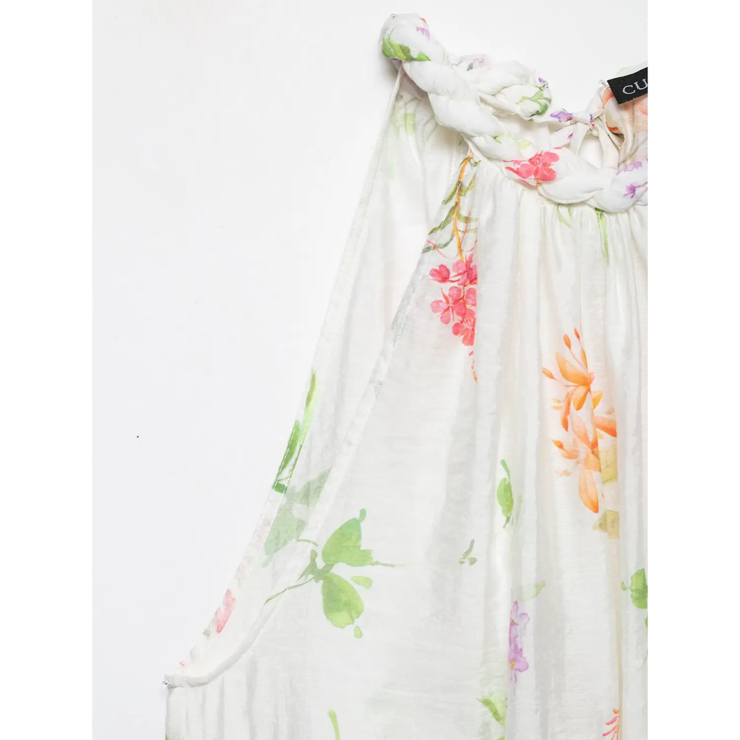 Shoulder neck close-up, handmade twisted braided halter strap integrated with floral fabric, front gathered shirring, wide sleeveless arm opening