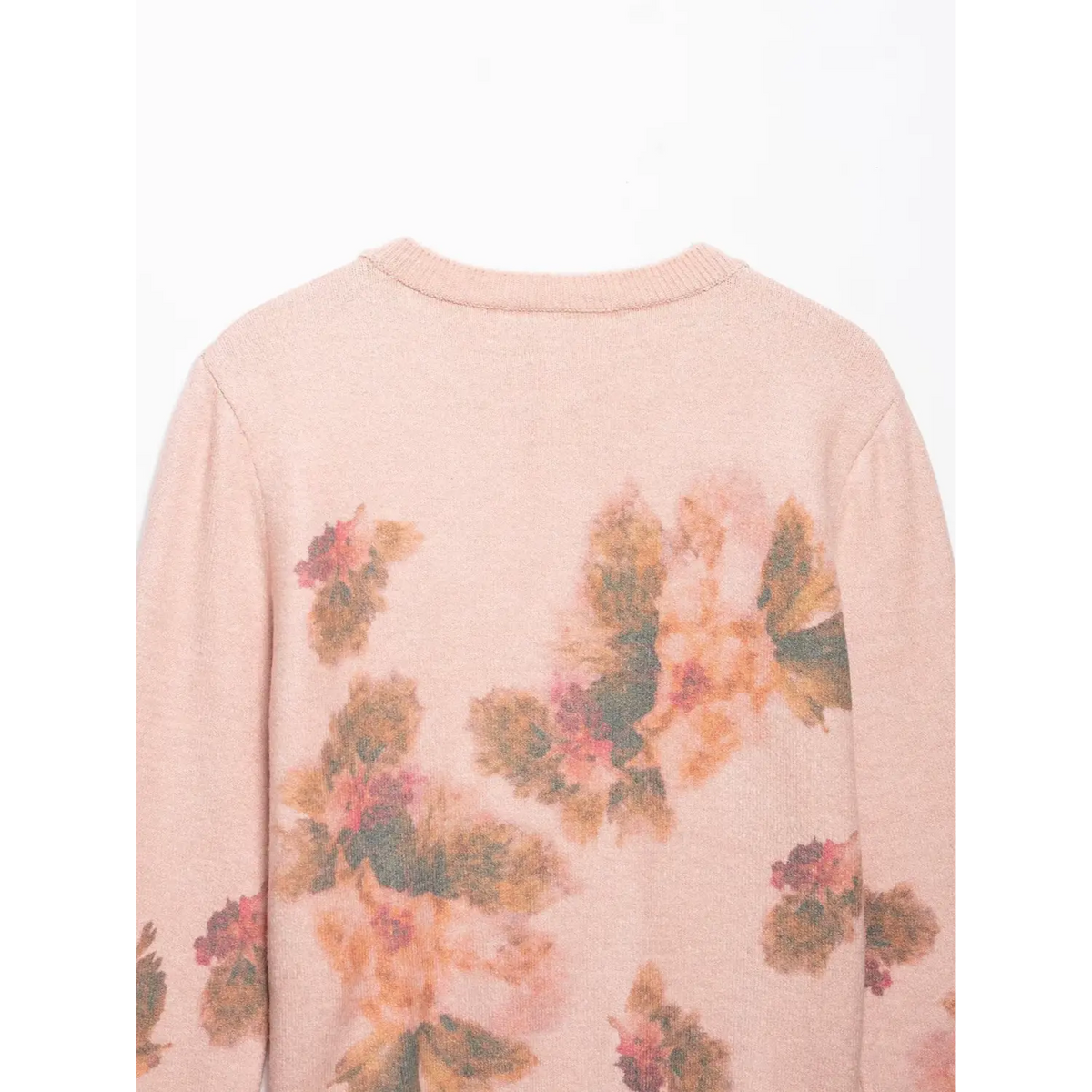 Close-up of back neckline and watercolor floral print on yoke