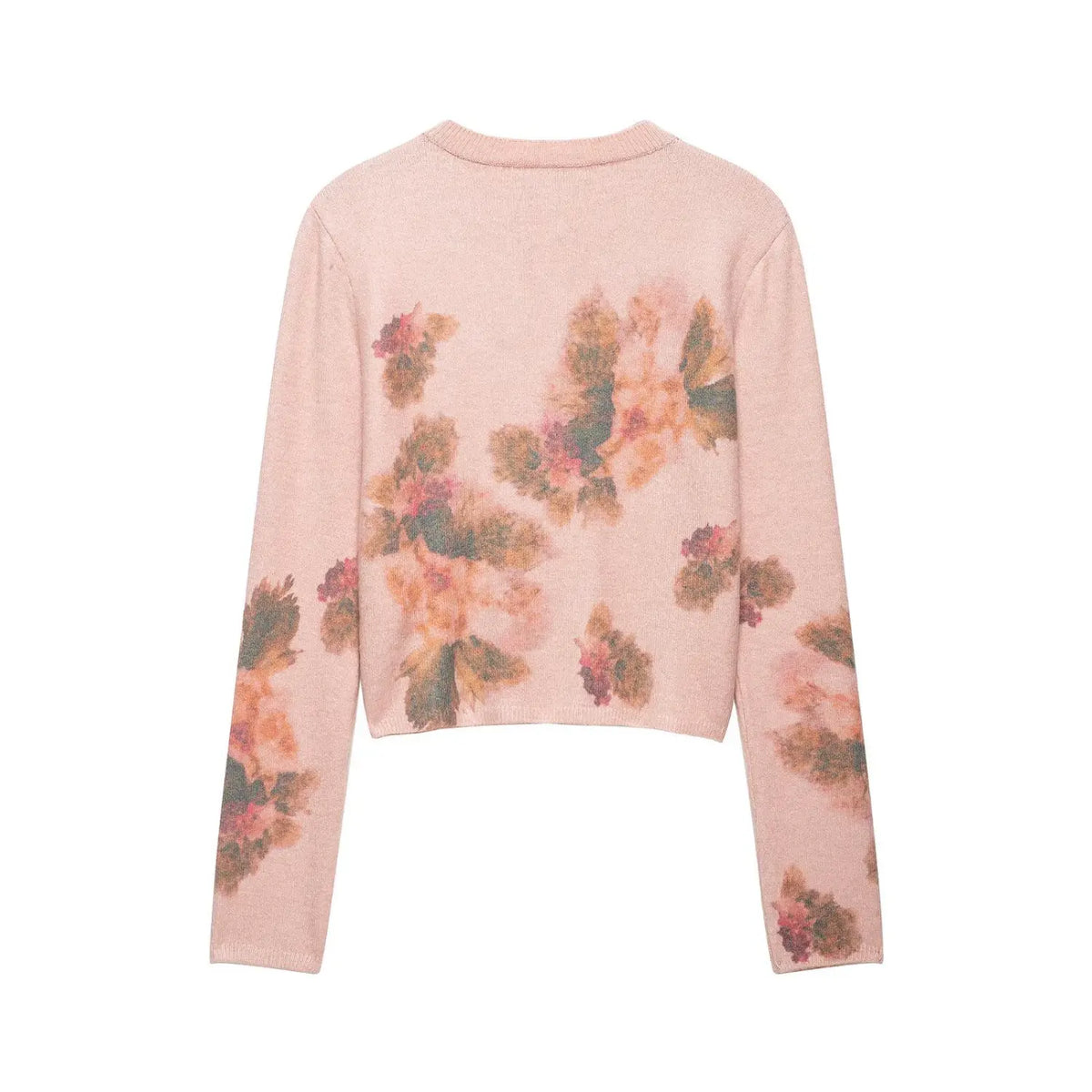 Pink watercolor floral brushed knit cardigan, back flat lay