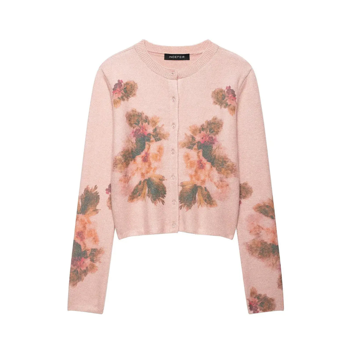 Pink watercolor floral brushed knit cardigan, front flat lay