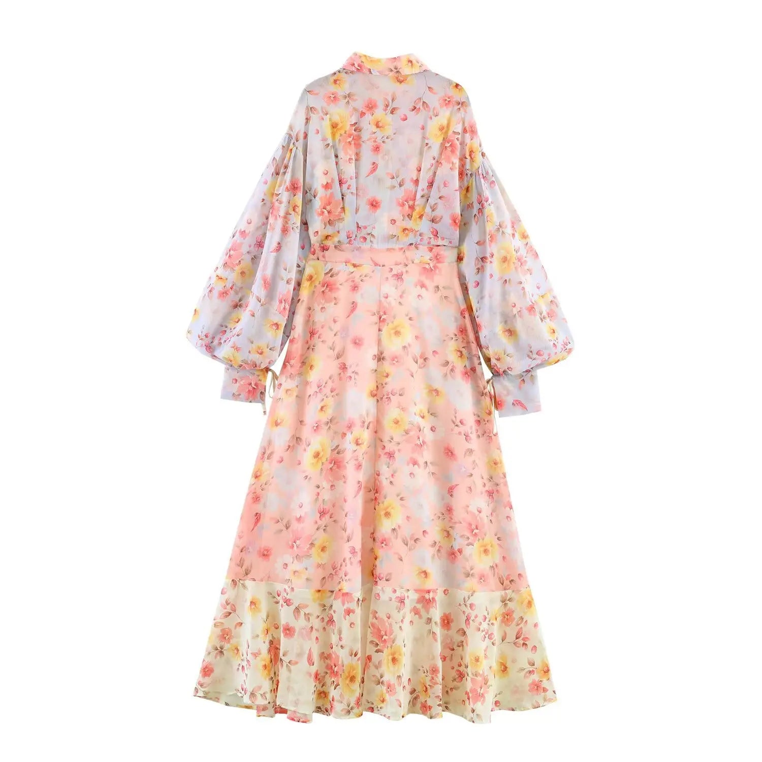 Full back view of patchwork floral print maxi dress with long flowy ruffle hem skirt