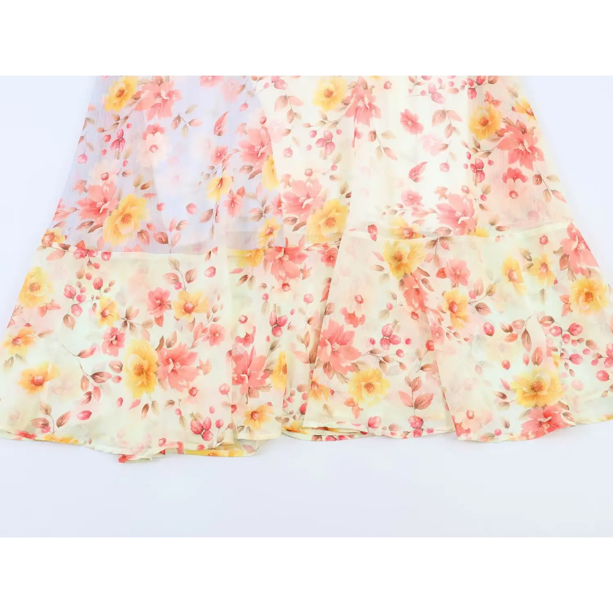Full view of ruffle hem skirt for watercolor floral patchwork maxi dress