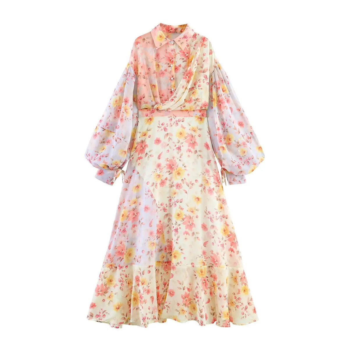 Full front view of watercolor floral patchwork maxi dress, collared neck and balloon long sleeves