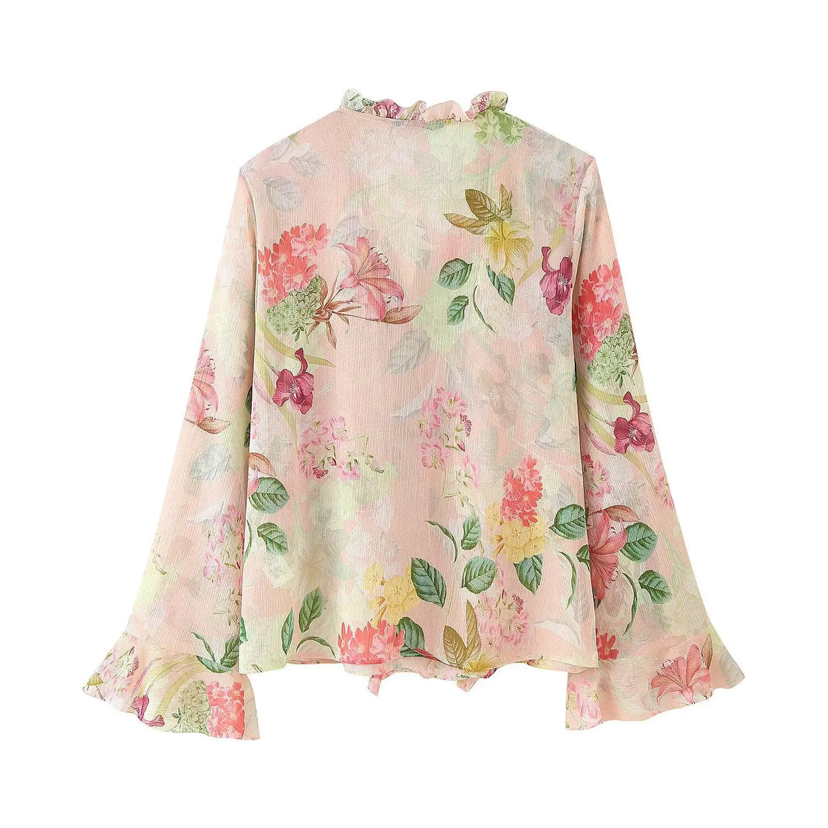 Back flat lay of watercolor floral ruffled v neck bell sleeve chiffon blouse
