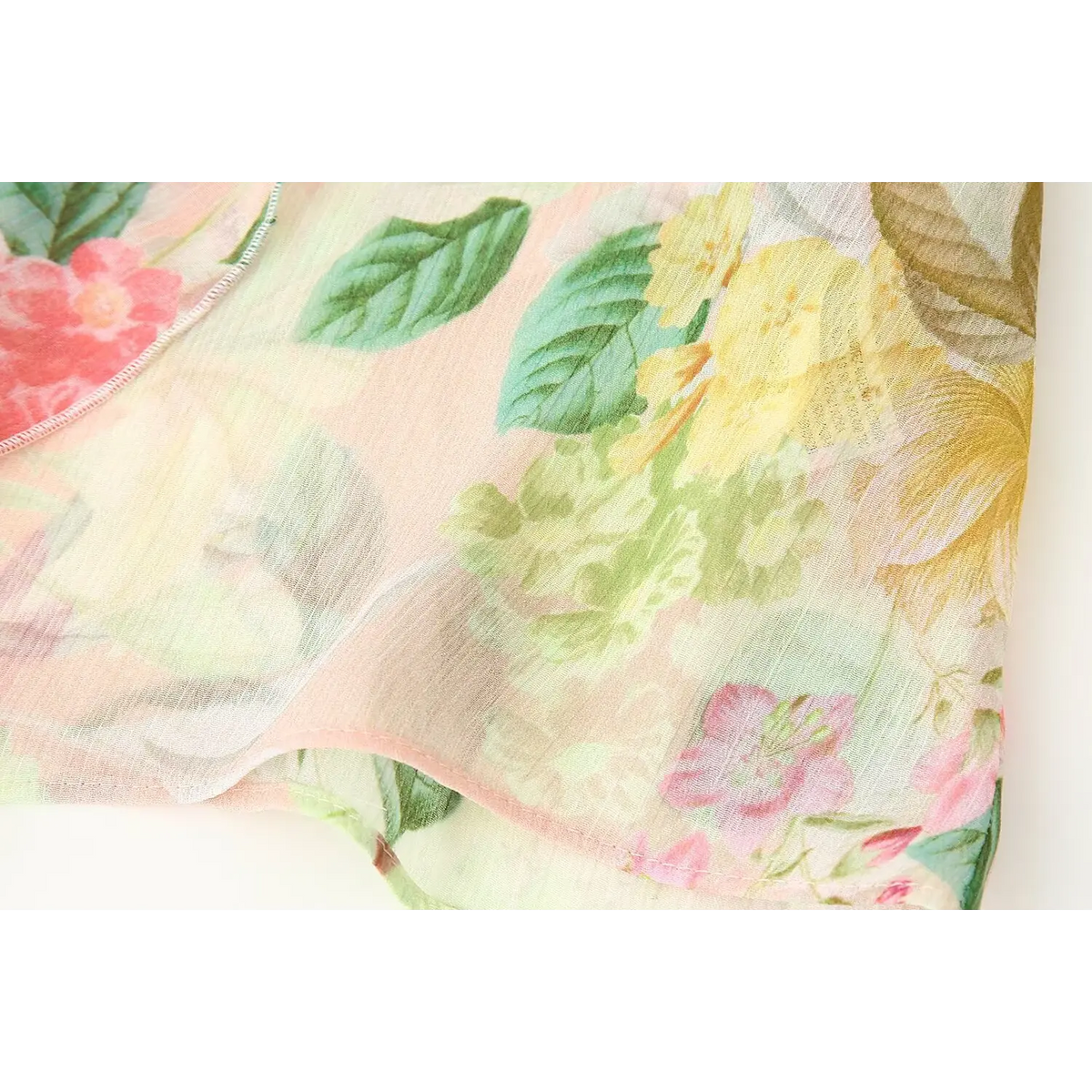 Close-up of floral print and sheer chiffon texture