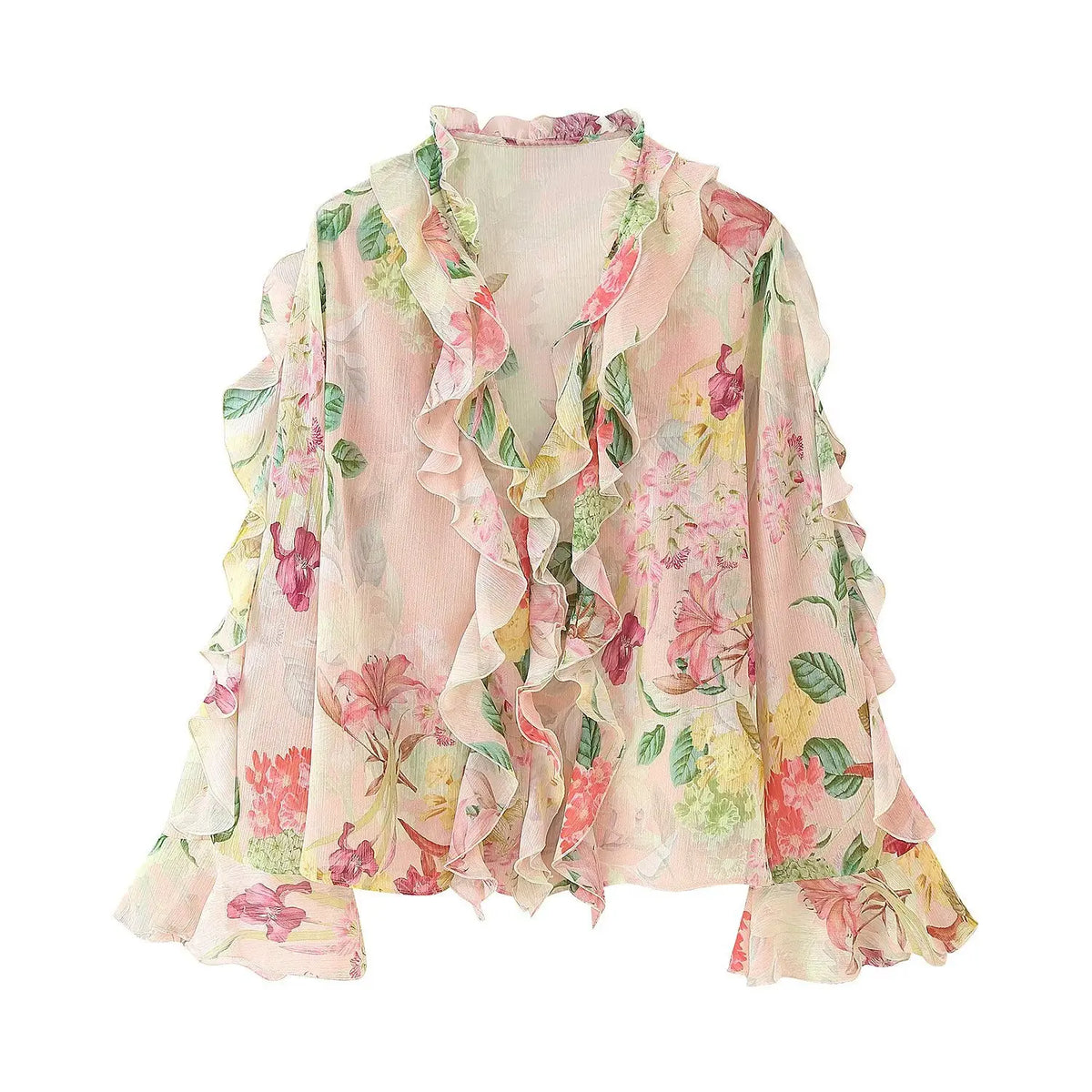 Front flat lay of watercolor floral ruffled v neck bell sleeve chiffon blouse