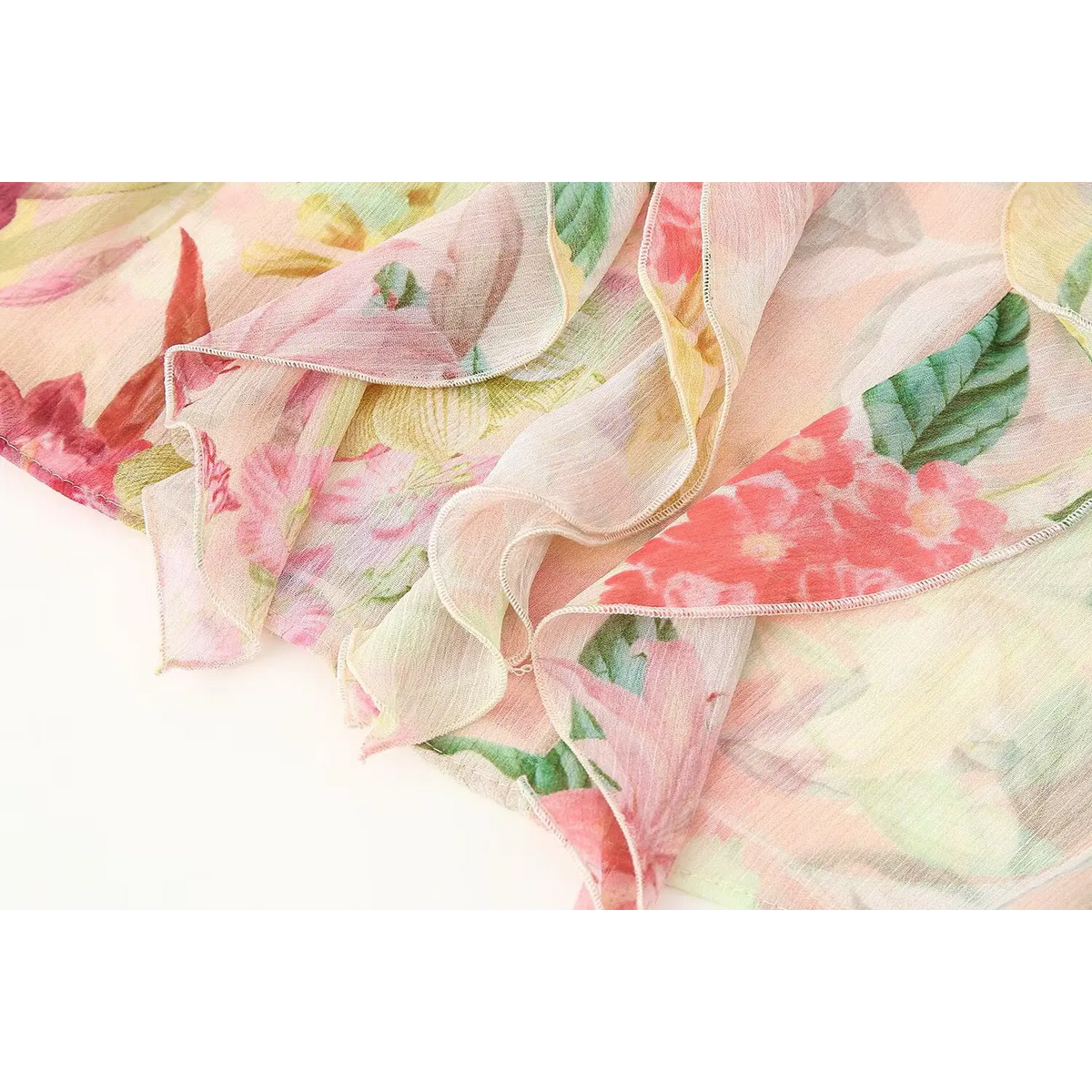 Close-up of layered ruffles and floral print