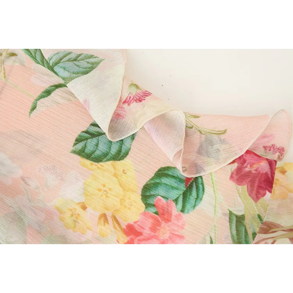 Close-up of floral print and translucent chiffon fabric