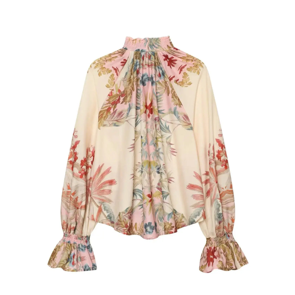 Back flat lay of watercolor floral smocked high neck balloon sleeve blouse