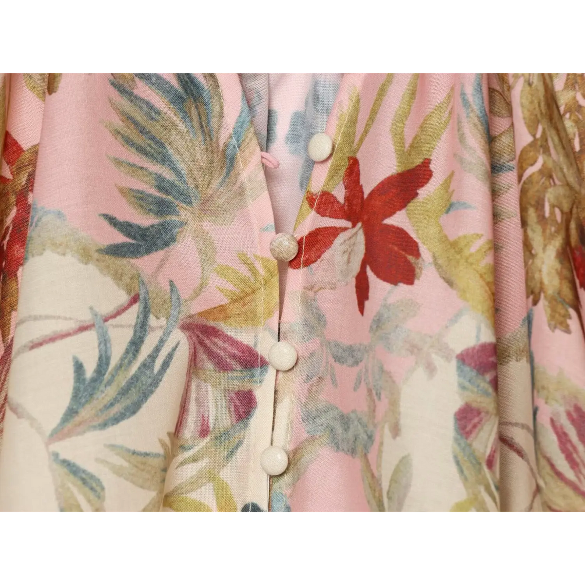 Close-up of covered buttons and floral print