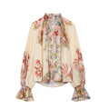 Front flat lay of watercolor floral smocked high neck balloon sleeve blouse