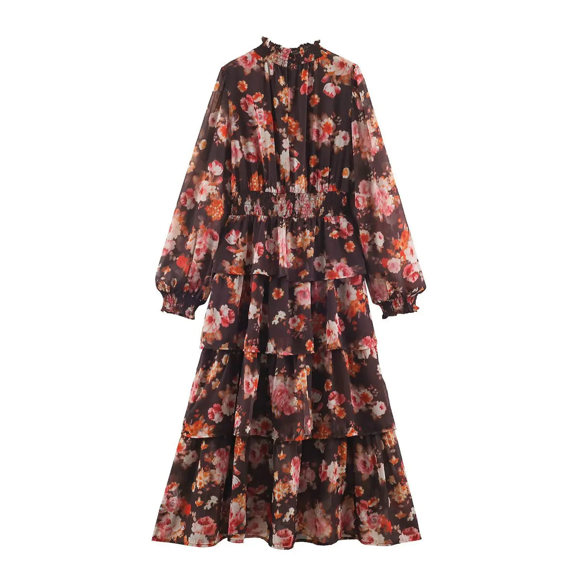 Watercolor floral smocked tiered midi dress, back flat lay