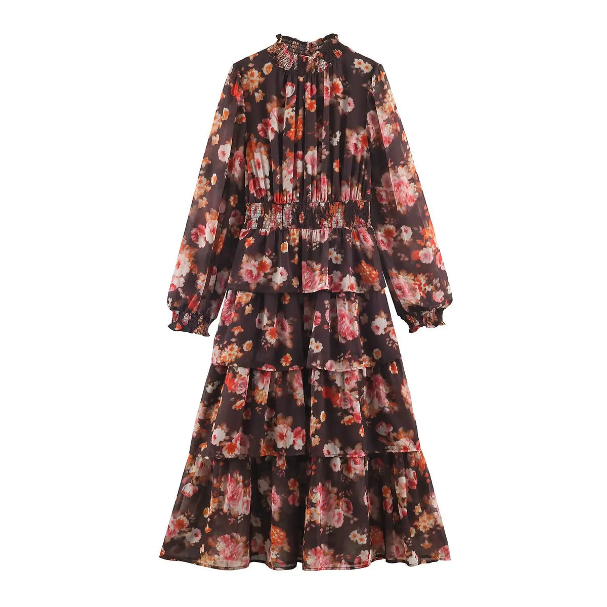 Watercolor floral smocked tiered midi dress, front flat lay