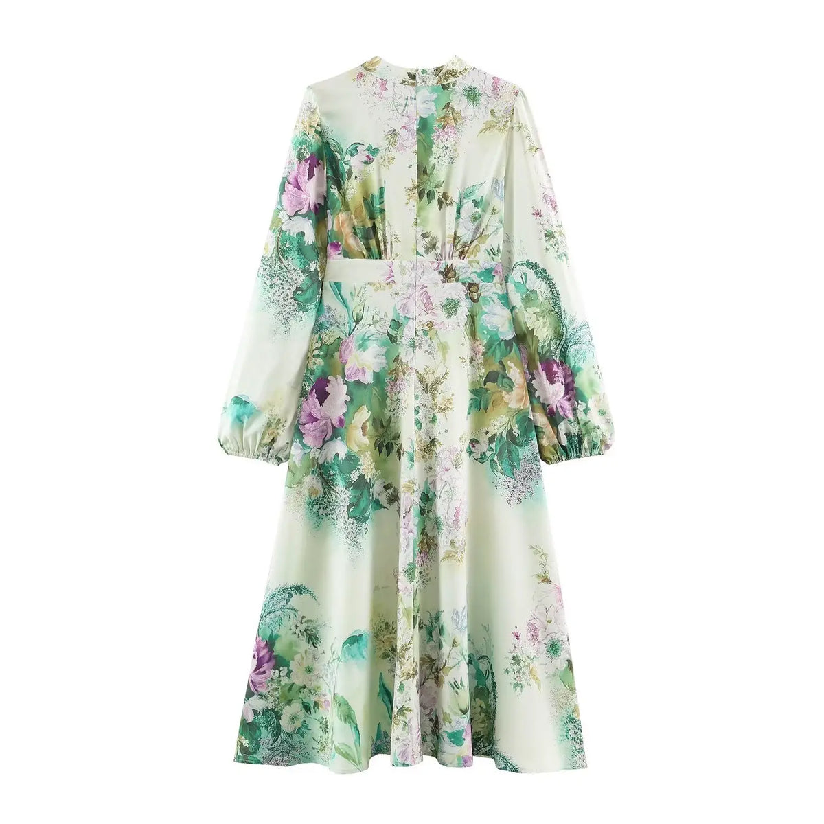 back view of watercolor floral print stand collar maxi dress with pleated bodice on white background
