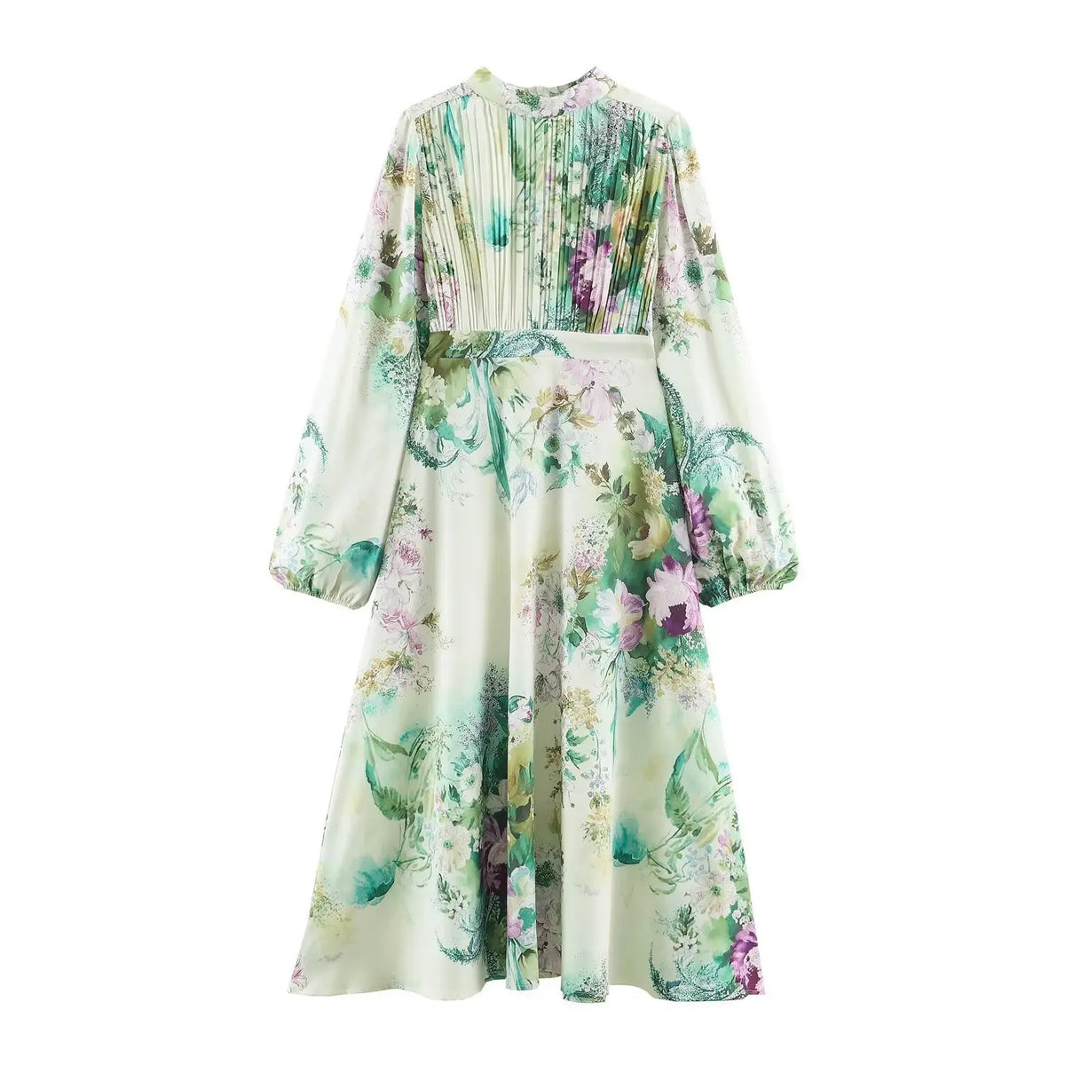 Full look of watercolor floral maxi dress with stand collar, puff sleeves and flowing skirt