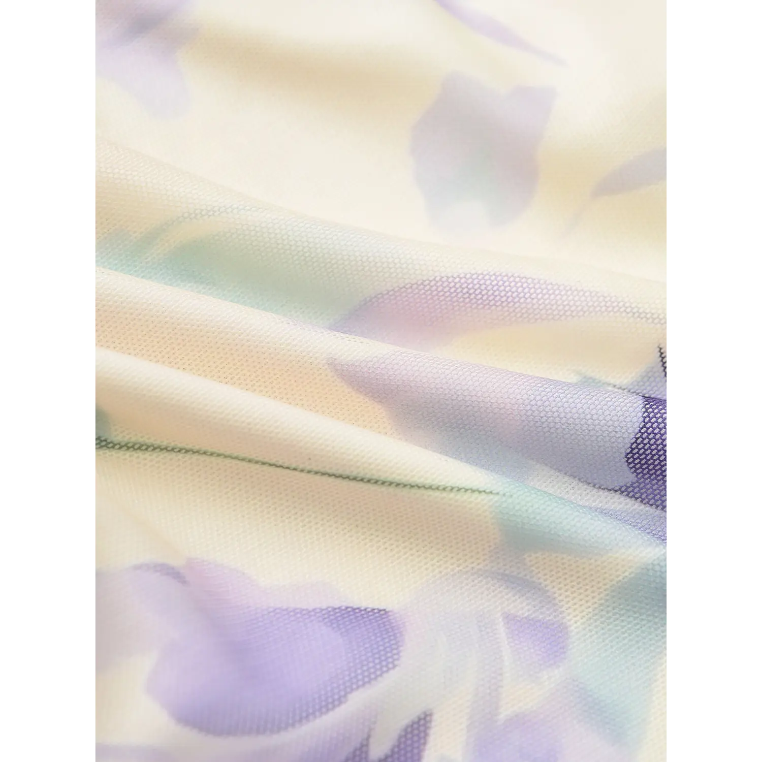 Watercolor floral stretch mesh fabric flat close-up, fine breathable mesh texture gradient smudge flower print soft high elastic mesh cloth white background shot
