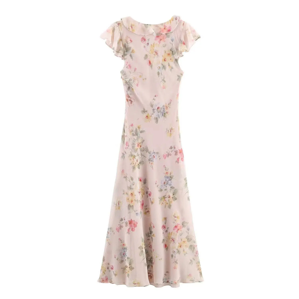 Watercolor flutter sleeve ruffle midi dress, back flat lay