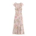 Watercolor flutter sleeve ruffle midi dress, front flat lay
