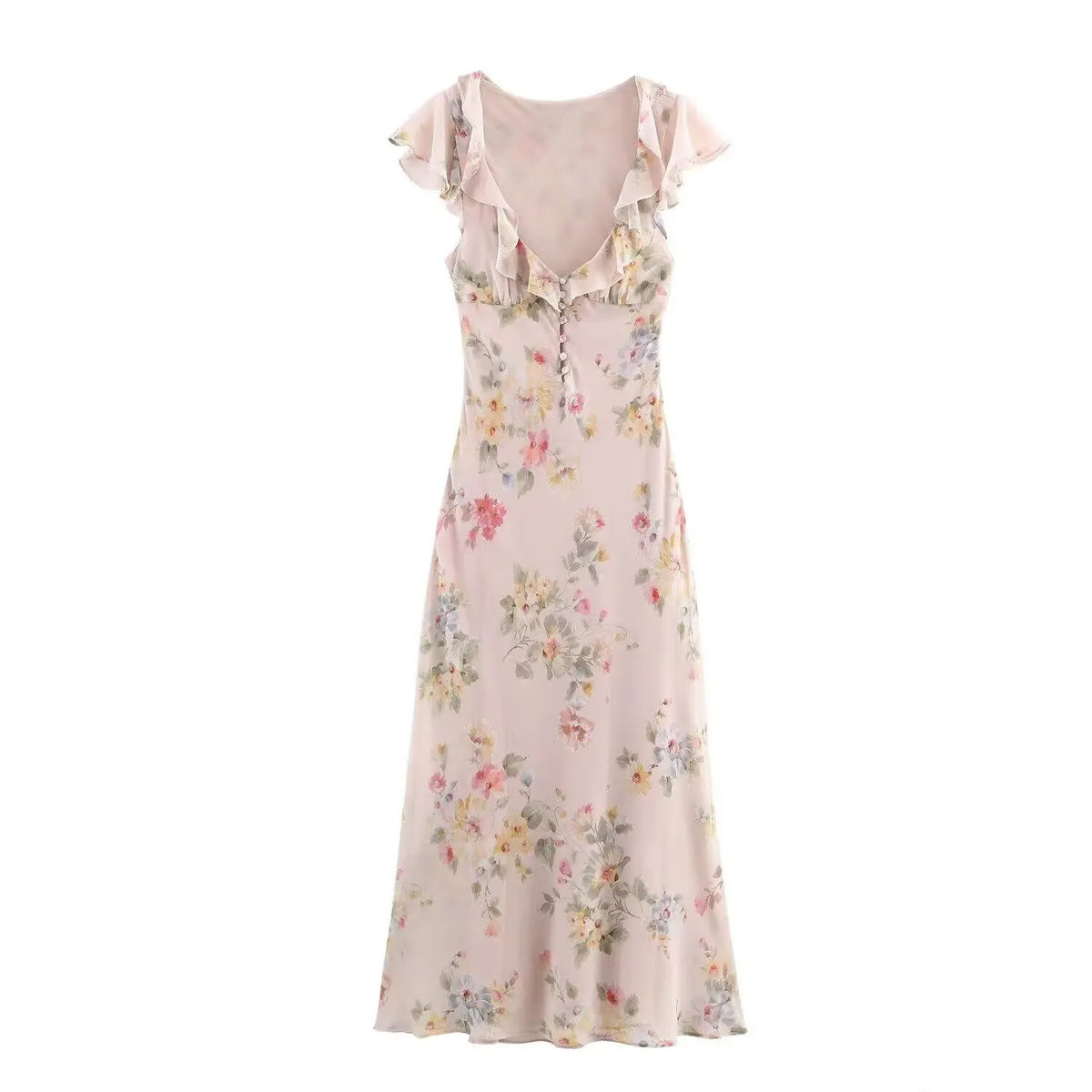 Watercolor flutter sleeve ruffle midi dress, front flat lay