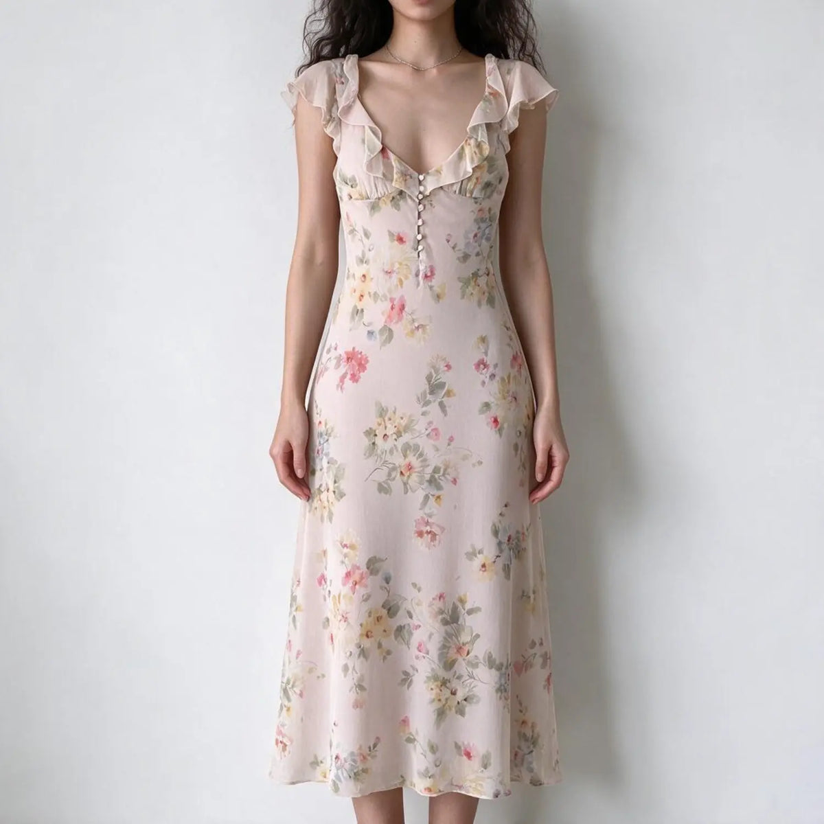 Model wearing watercolor flutter sleeve ruffle midi dress, front view