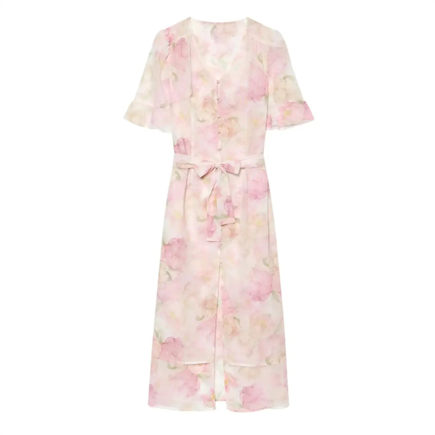 Full front flat lay midi dress with watercolor pink peony print, V-neck puff short flutter sleeves, front button placket, matching fabric waist tie bow, double layer flowy skirt, sheer lightweight chiffon fabric
