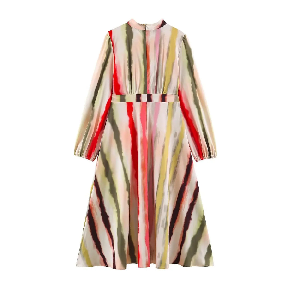 Watercolor stripe mock neck pleated midi dress, back flat lay