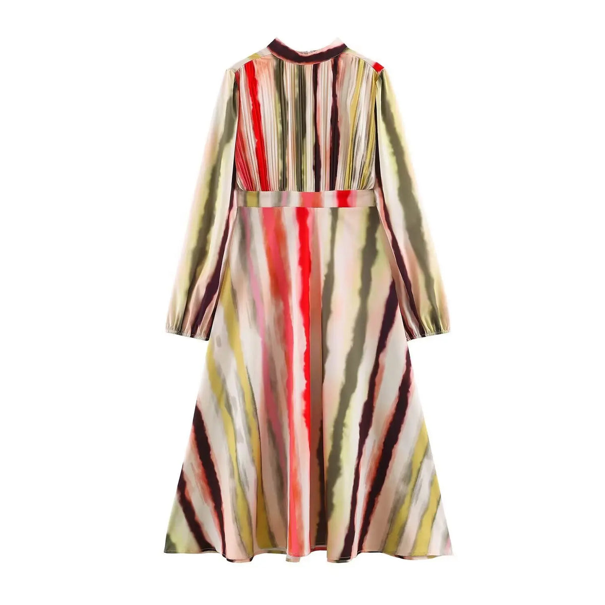 Watercolor stripe mock neck pleated midi dress, front flat lay