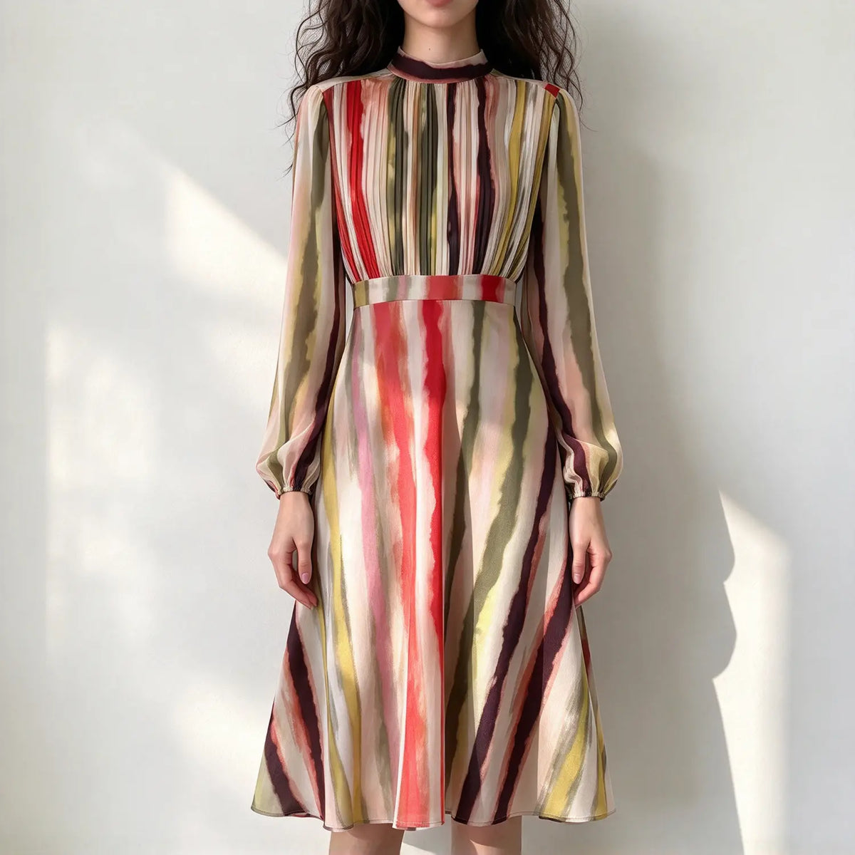 Model wearing watercolor stripe mock neck pleated midi dress, front view