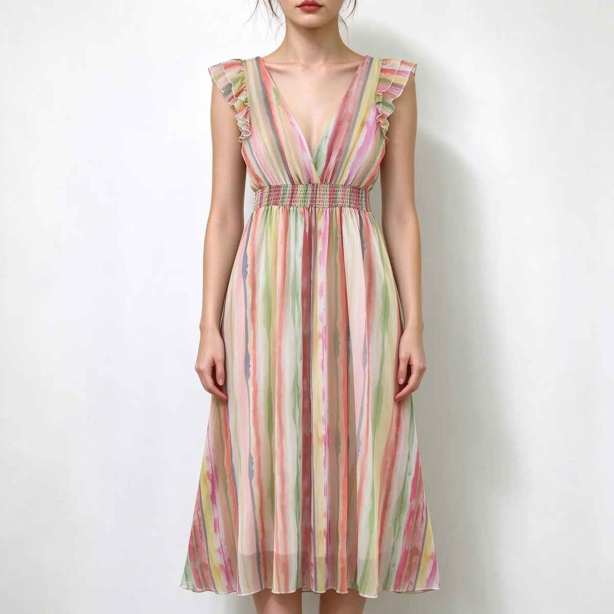 Model back view, watercolor stripe chiffon maxi dress, ruffle shoulder sleeves, center back zipper, smocked waist, lightweight flowy midi dress